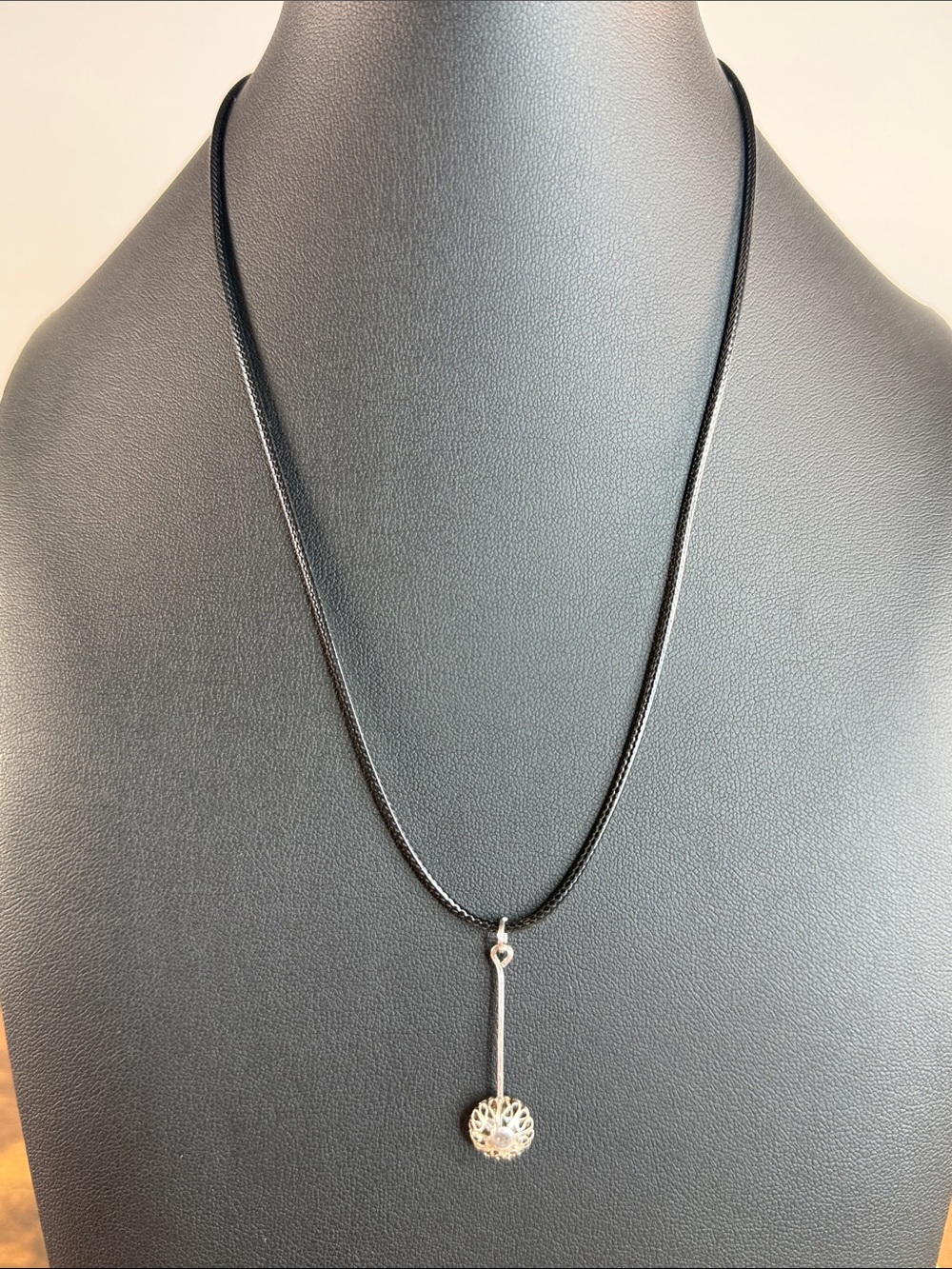 Navajo Indian Silver Filigree Drop Pendant Necklace on Black Cord